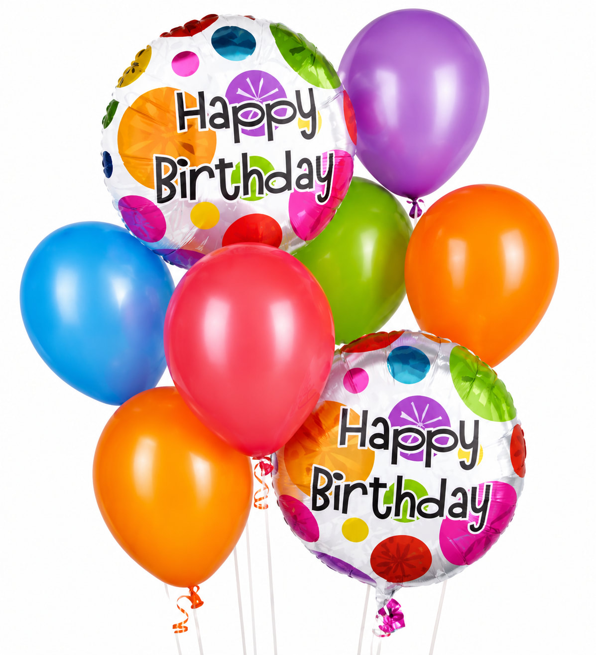 Birthday balloons in bright colors with two "Happy Birthday" foil balloons