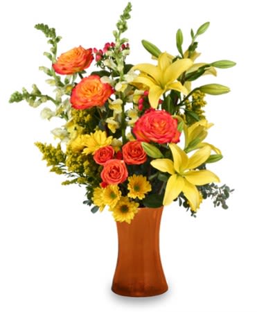 Excited For Autumn - Stylized vase arrangement of the best of the season flowers. Brighten someone's day with this bouquet of sunshine!