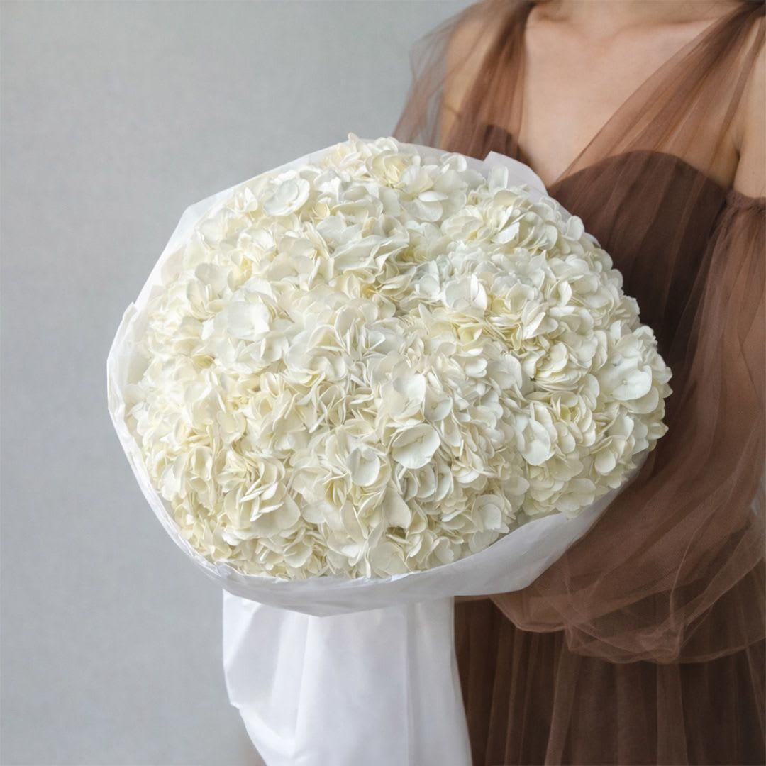 White Harmony - A timeless bouquet of premium white hydrangeas arranged into a full, rounded silhouette and wrapped in elegant white paper. The soft cloud-like texture and pure white tones create a look that is refined, graceful, and effortlessly sophisticated.  Perfect for weddings, sympathy expressions, anniversaries, or elegant celebrations, this design highlights the natural beauty of white hydrangeas in their purest form. 