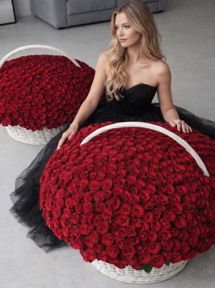 Woman in a black dress posed with two large baskets of red roses