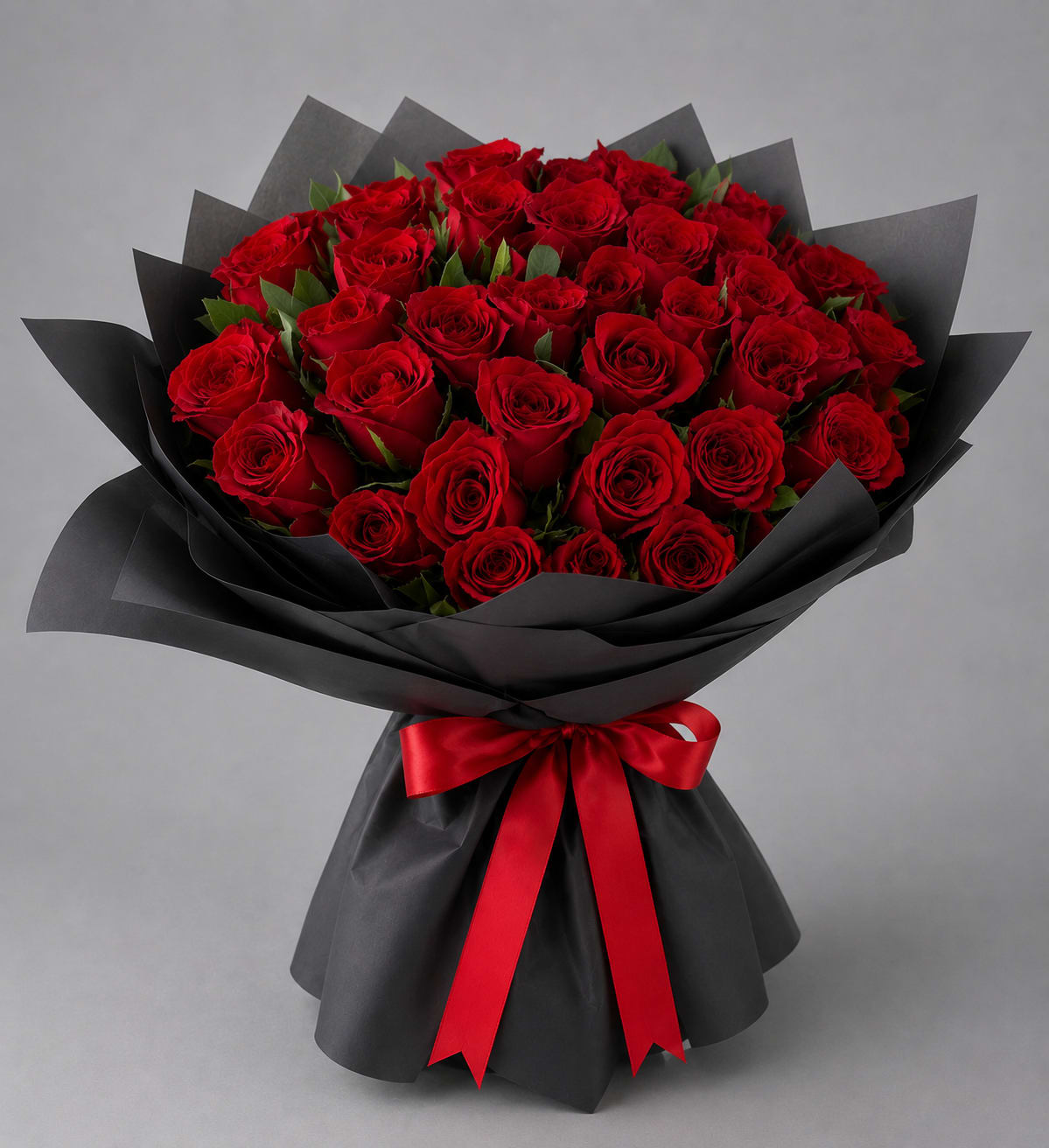 Bouquet of red roses wrapped in black paper with a red ribbon