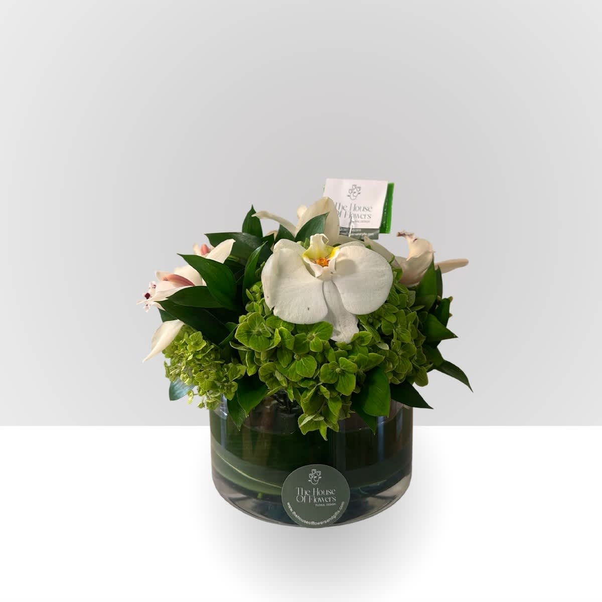 White orchids and green hydrangeas arranged in a dark glass vase