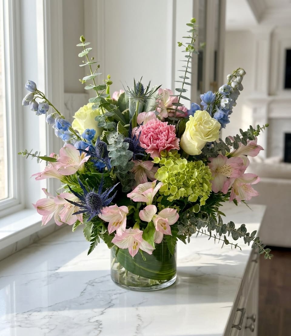 Mixed pastel bouquet in a clear glass vase