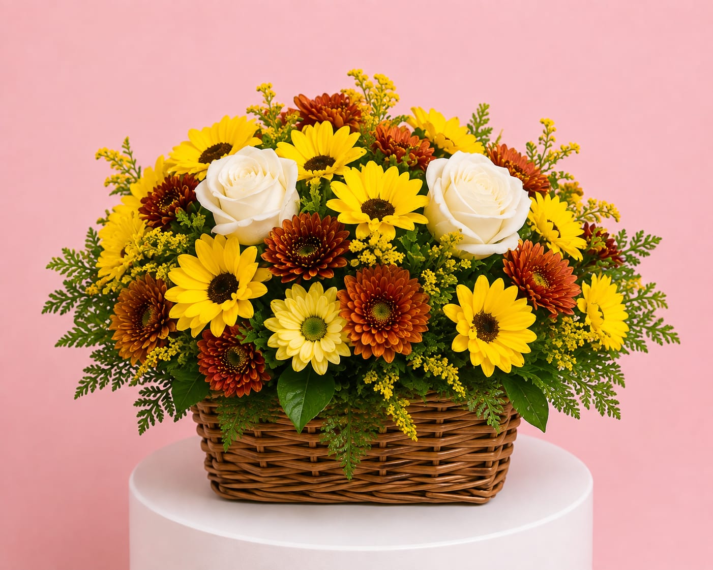 Basket arrangement of yellow daisies, orange mums, and white roses