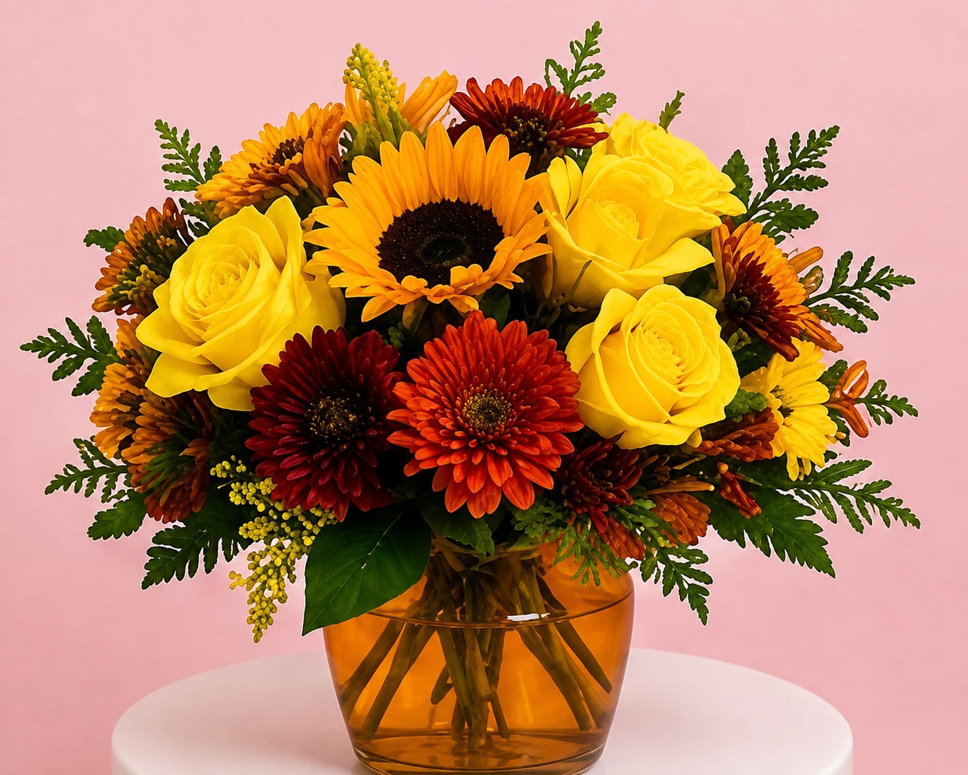 Bouquet of yellow roses and orange-red daisies in an amber glass vase
