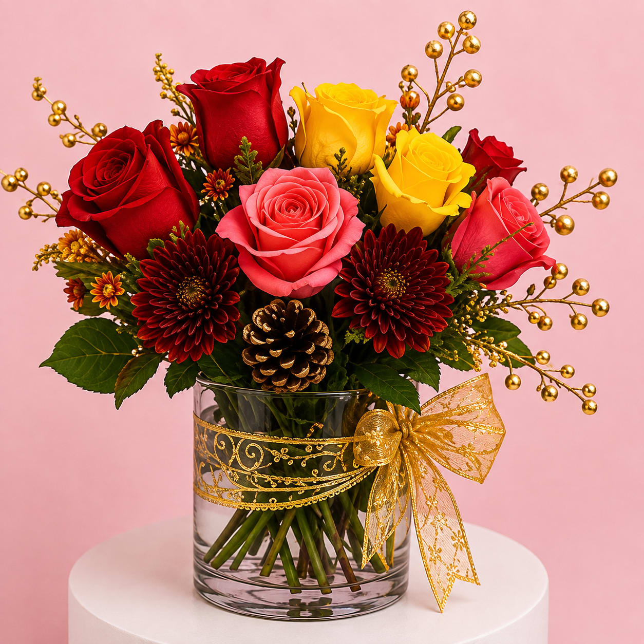 Bouquet of red, pink, and yellow roses in a glass vase with a gold ribbon