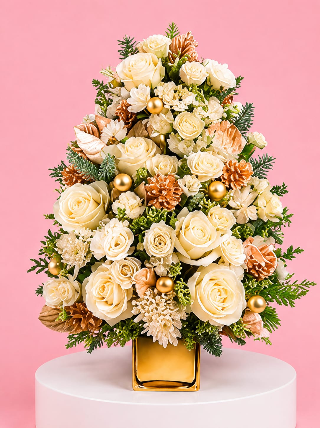 Cream rose arrangement in a gold vase with pinecones and gold ornaments