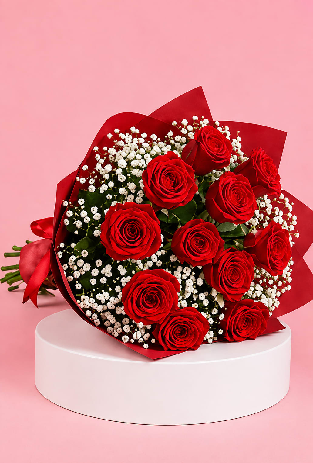 Bouquet of red roses with white baby's breath in red wrap