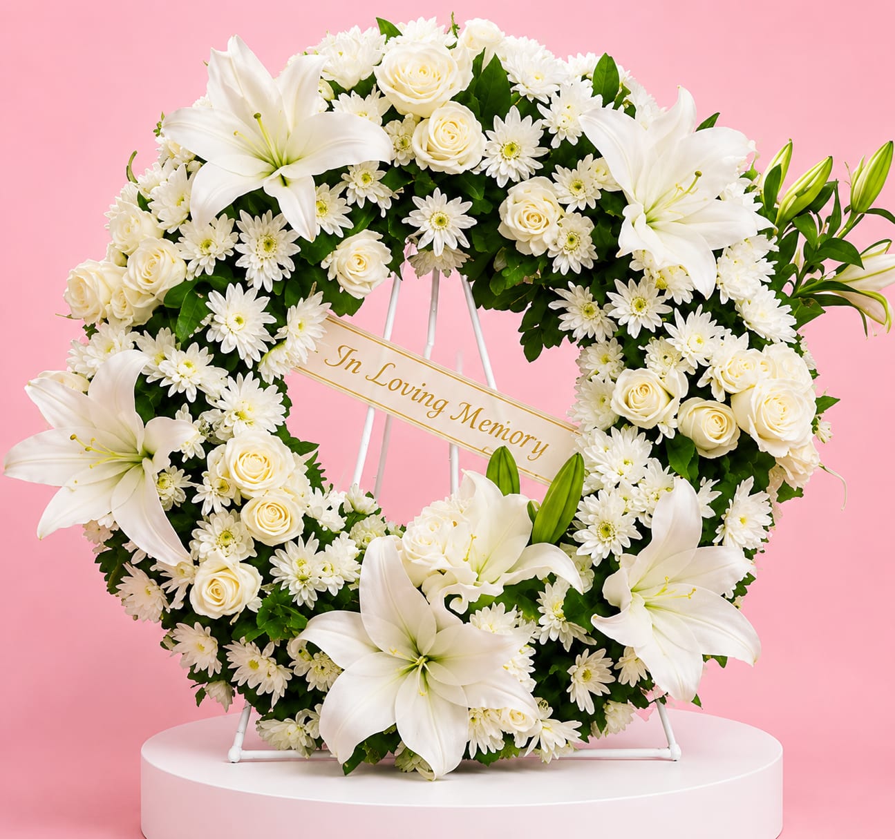 Heart-shaped white floral wreath with lilies, roses, and daisies on a stand