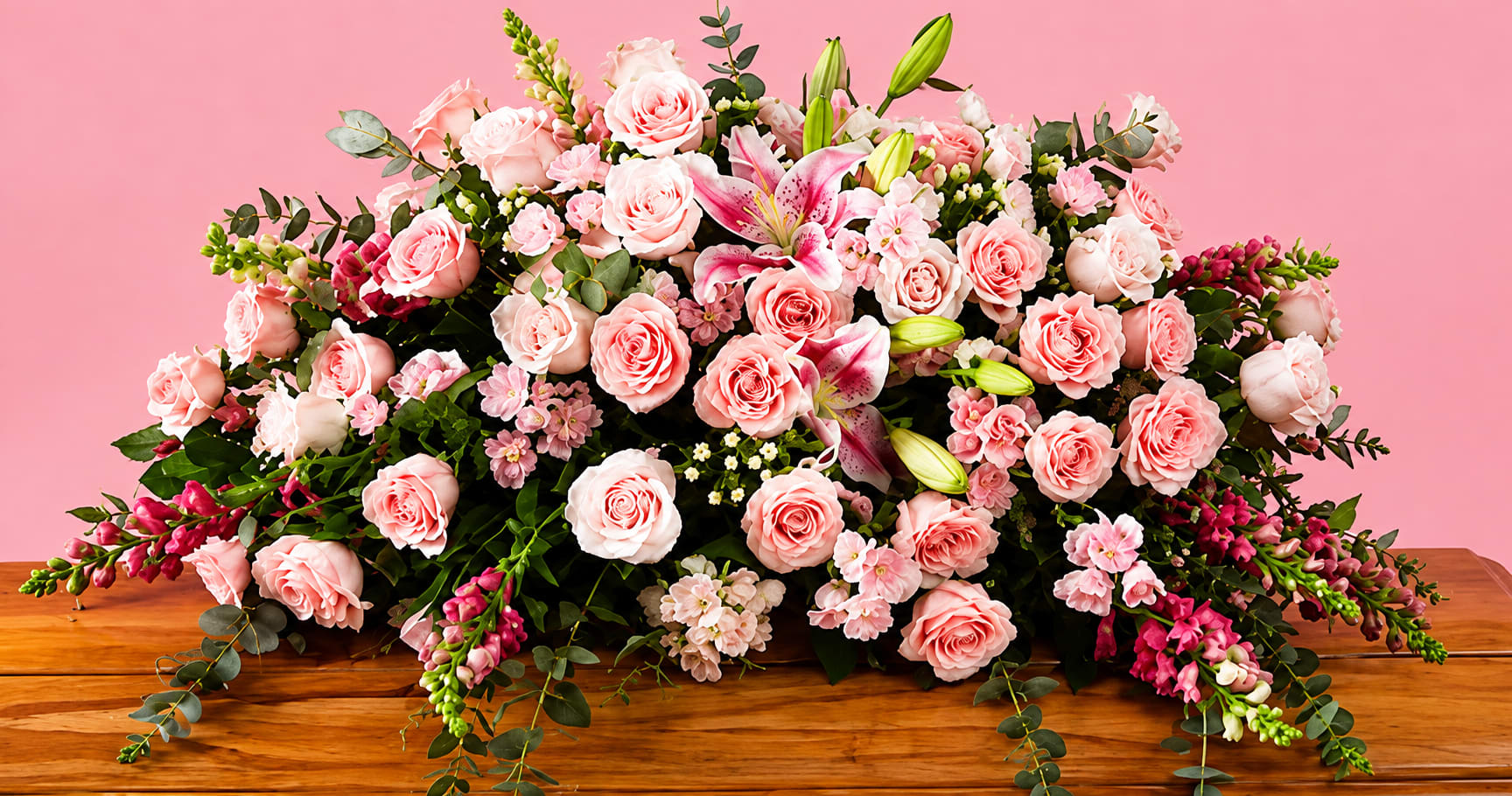 Large pink floral arrangement with roses and lilies on a wooden table