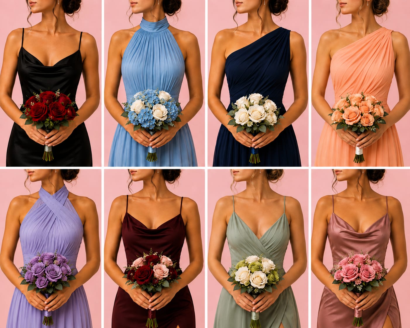 Bridesmaids holding small rose bouquets in assorted dress colors