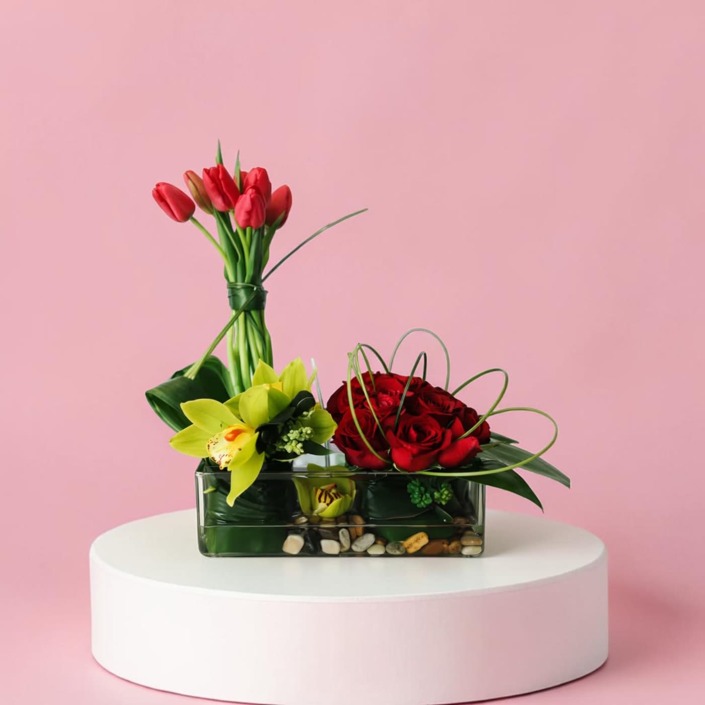 River Rock Bouquet - Green orchid may differ. We use hydrangea or roses as available. 