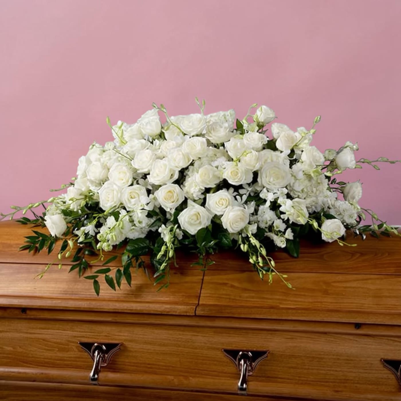 Peace by BloomNation™  - An all white tribute, this half casket spray is pure in color and heart. Featuring a variety of white flowers and greenery, this elegant half casket spray compliments the beauty of life. 