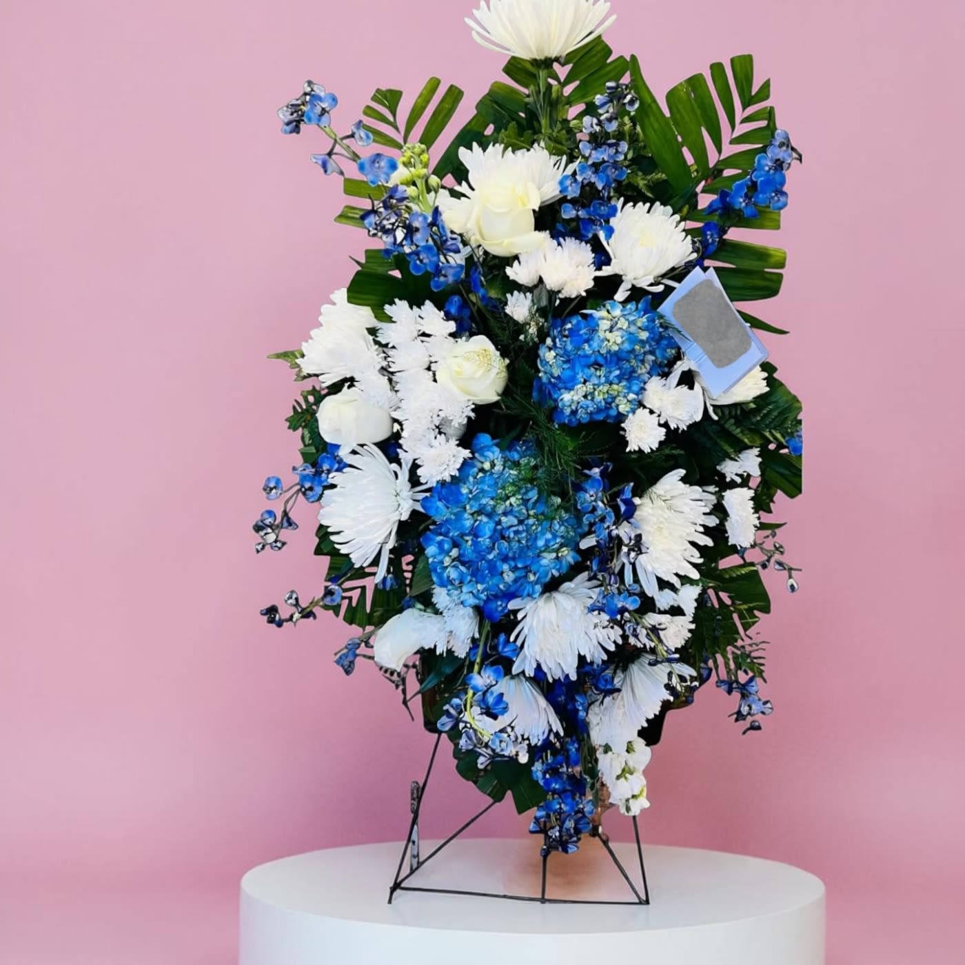 Blue Standing Spray - Beautiful with blue delphinium and blue hydrangea.