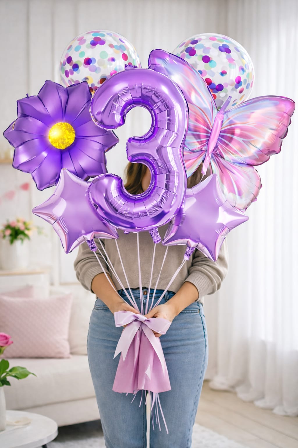 Purple number 3 balloon bouquet with butterfly and confetti balloons