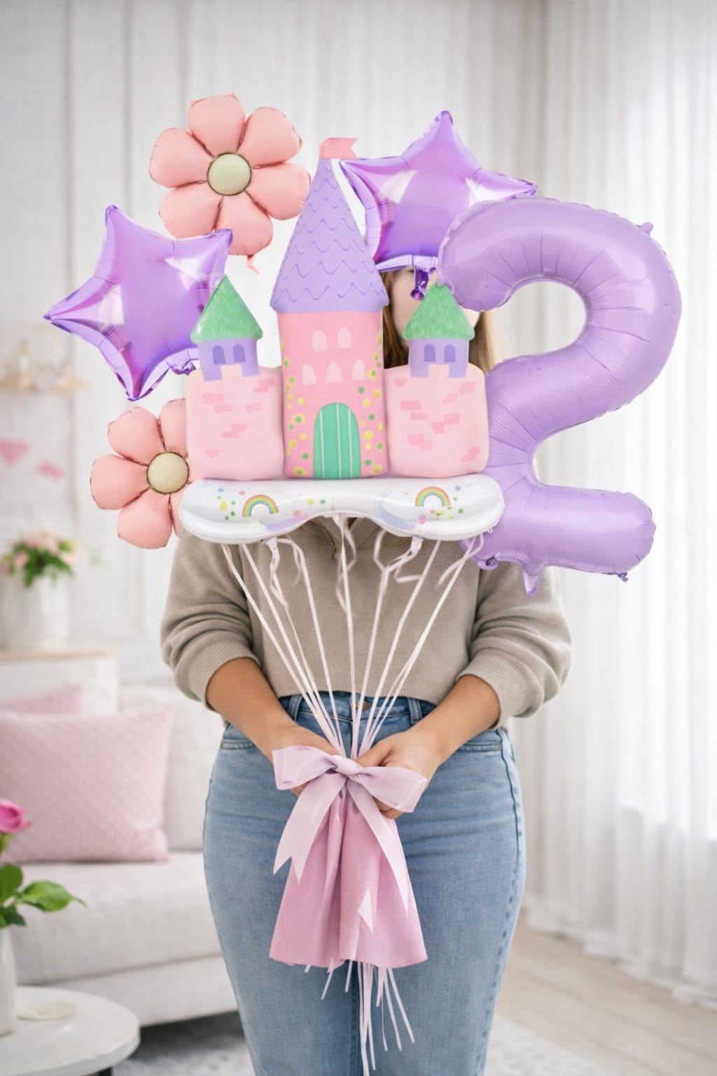 Pastel balloon bouquet with a castle, stars, flowers, and a large number 2