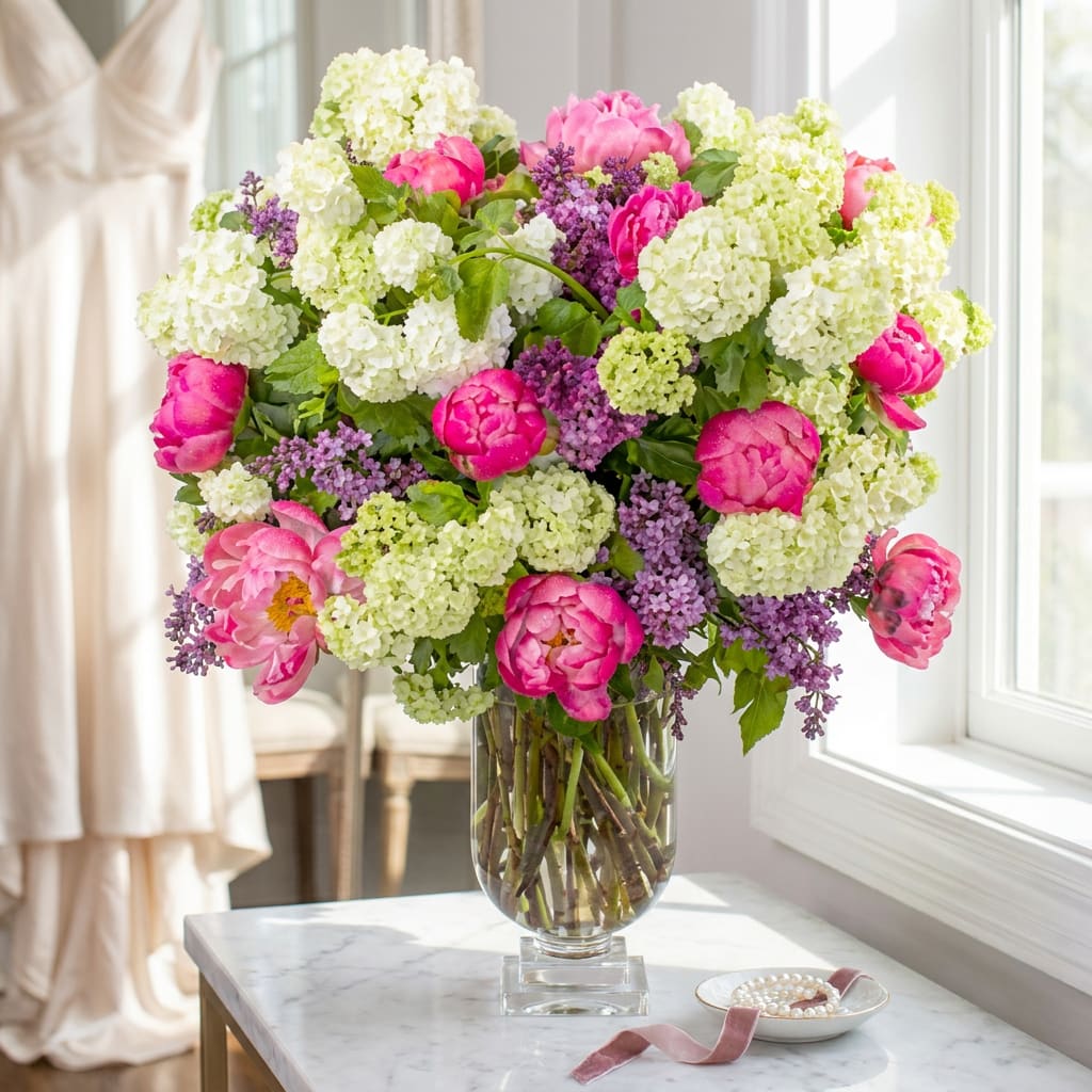 Pink peonies and white hydrangeas in a clear glass vase