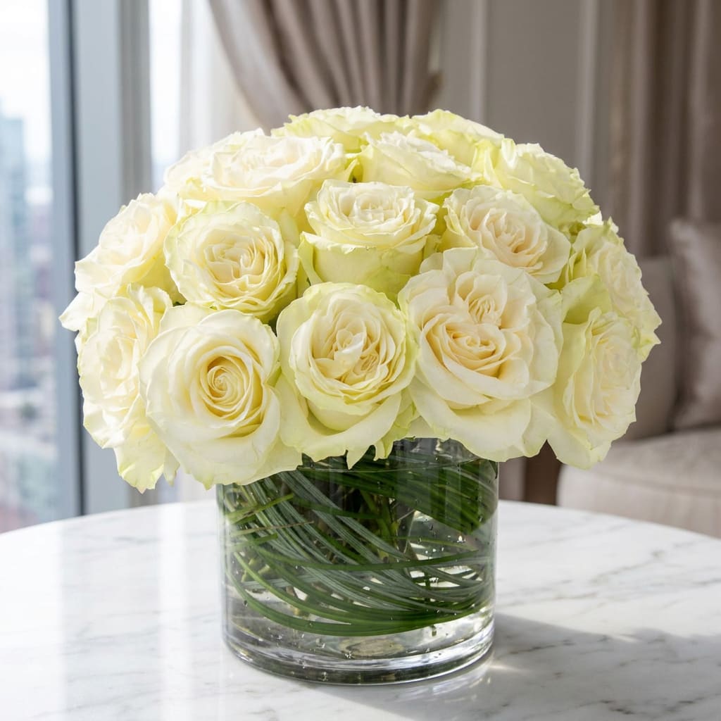 Bouquet of cream roses in a clear glass vase