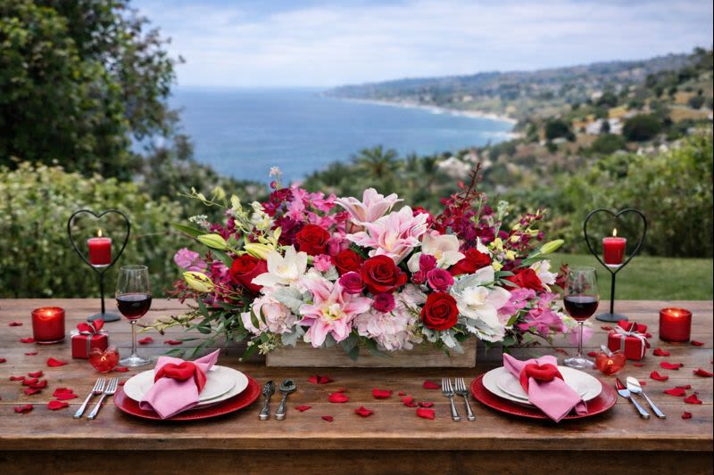 Romantic floral centerpiece with red and pink flowers on a table by the water