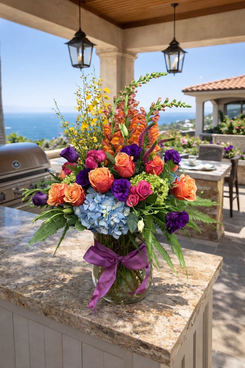 Colorful mixed flower arrangement in a glass vase with a purple ribbon