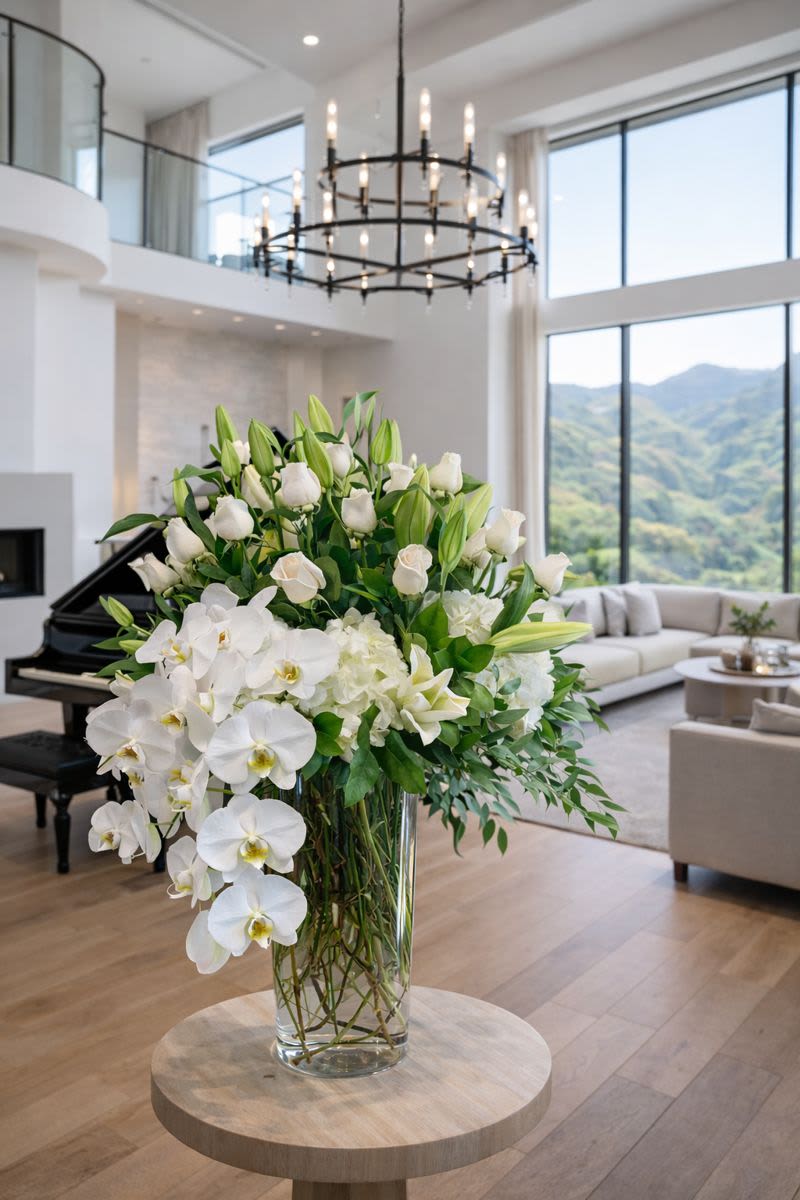 Large white floral arrangement in a clear glass vase