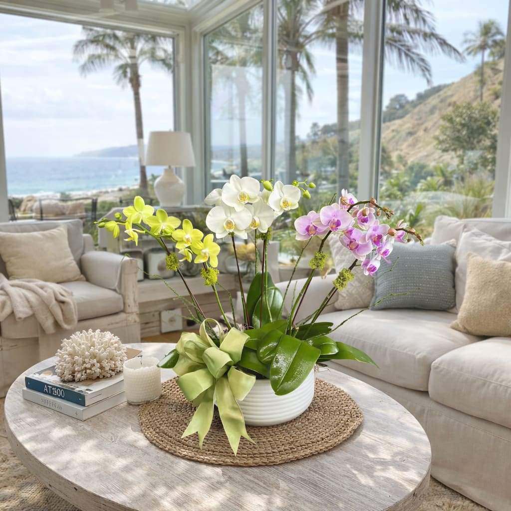 Orchid arrangement in a white pot with a green ribbon on a coffee table