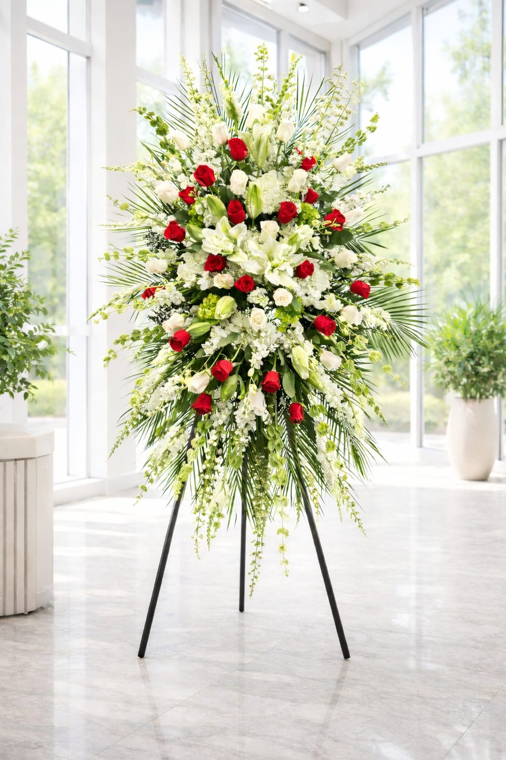 Distinguished Farewell - A striking expression of honor and remembrance, Distinguished Farewell is designed to stand with quiet strength and refined elegance. This grand standing spray blends classic sympathy florals with modern structure, creating a piece that feels both timeless and elevated.  Rich red roses are thoughtfully placed throughout the design, offering depth, love, and reverence. They are balanced by an abundance of soft white blooms—luxurious hydrangea, elegant lilies, pristine roses, delicate stock, and cascading dendrobium orchids—each adding layers of texture and light. Accents of white hybrid delphinium and snapdragons bring gentle movement and height, while Bells of Ireland and mini green hydrangea introduce fresh, natural contrast.  Framed with flowing phoenix roebelenii palm and lush greenery, the arrangement extends outward with graceful dimension, creating a full, commanding silhouette that honors life with dignity and presence.  This piece is ideal for services where a meaningful, high-impact tribute is desired—one that speaks beautifully without overwhelming, and leaves a lasting impression of care, respect, and love.