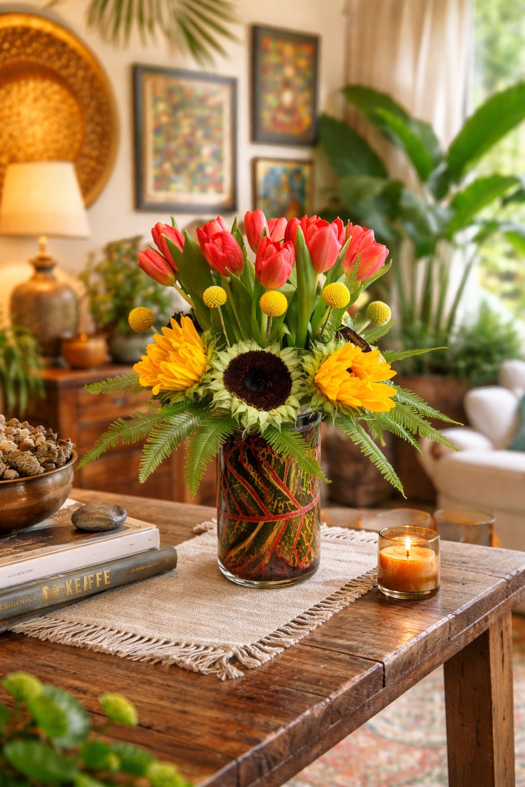 Tulip Canvas - Tulip Canvas A vibrant composition of tulips, sunflowers, petal-less sunflowers, billy balls, and umbrella fern, all grounded in croton leaf lining—arranged like a living painting to bring warmth, color, and intention into any space.
