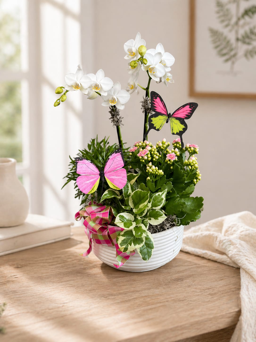 Blooms and Butterfly Garden - This mixed plant arrangement of indoor plants includes Miniature Phalaenopsis, Kalanchoe, and green indoor plants all designed in a white ceramic container and including some beautiful butterflies and a bright bow. 