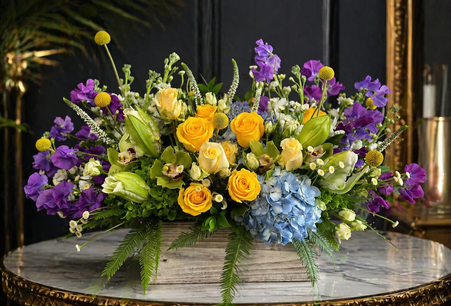 Spring is in the Air - All the blooms spring offers in a beautiful boxed display. Arrangement includes Roses, Spray Roses, Hydrangea, Rose Lilies, Stock, Veronica, Sweet Peas, Hyacinth, Billy Balls, Cymbidium Orchids and Umbrella Fern