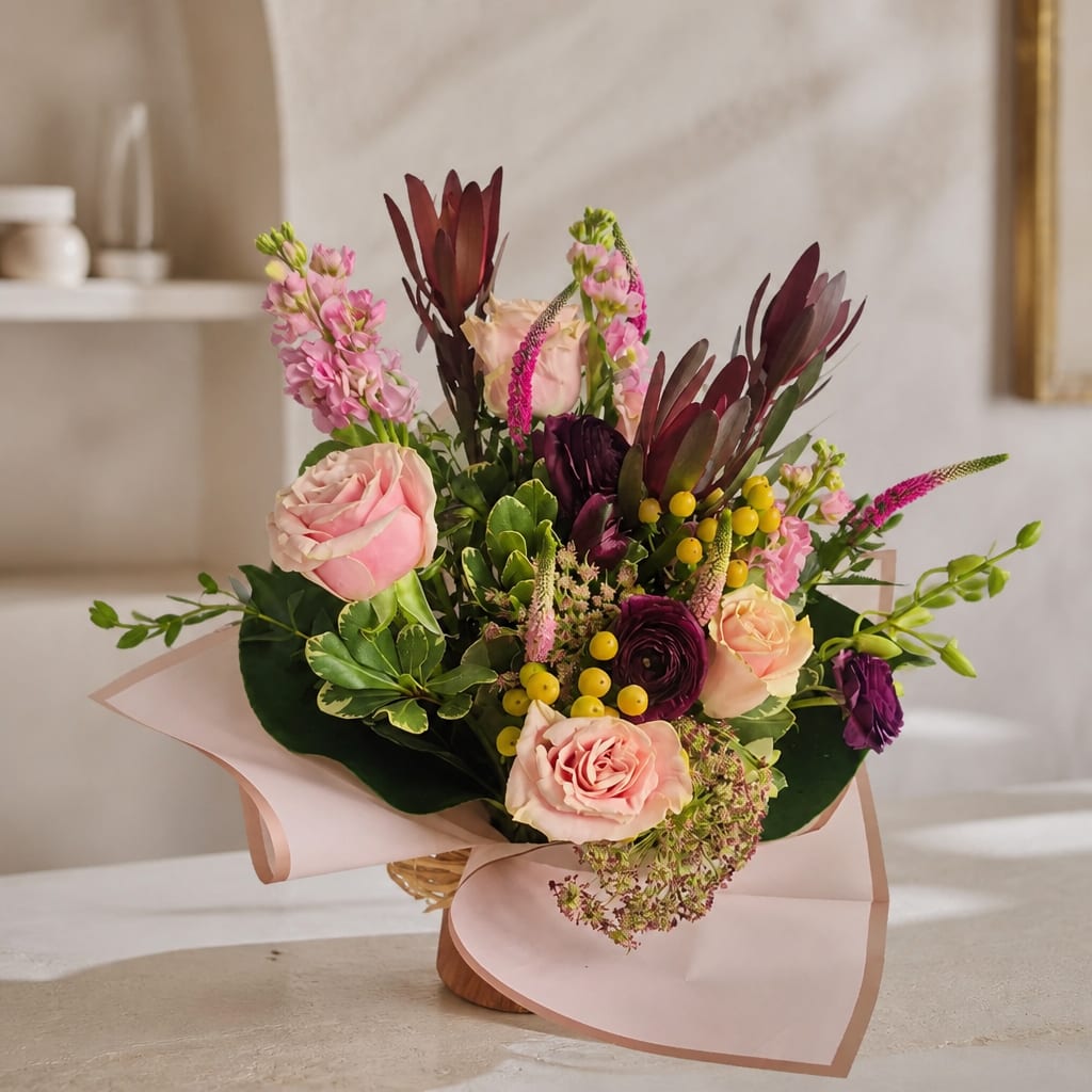 Bouquet of pink and purple flowers wrapped in pale pink paper