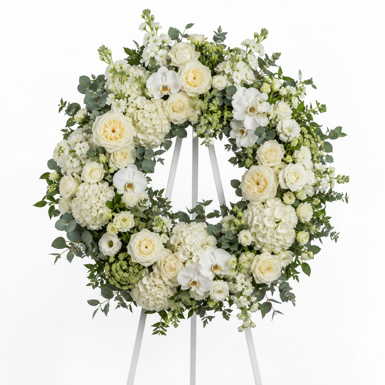 White floral wreath on a standing easel