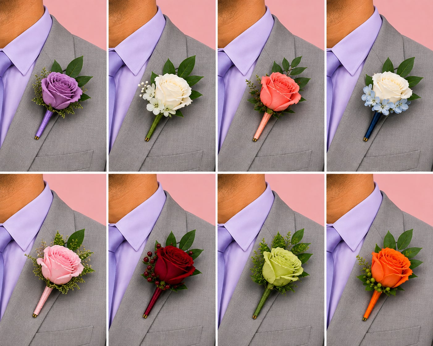 Boutonniere with a rose and greenery on a suit lapel