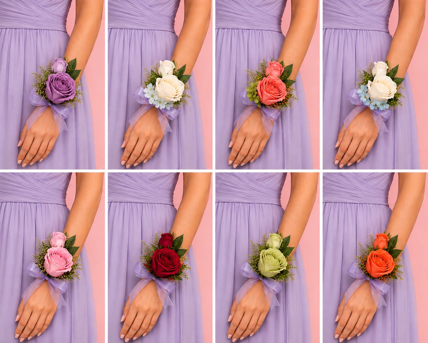 Bridal wrist corsages with roses and ribbon on a lavender dress