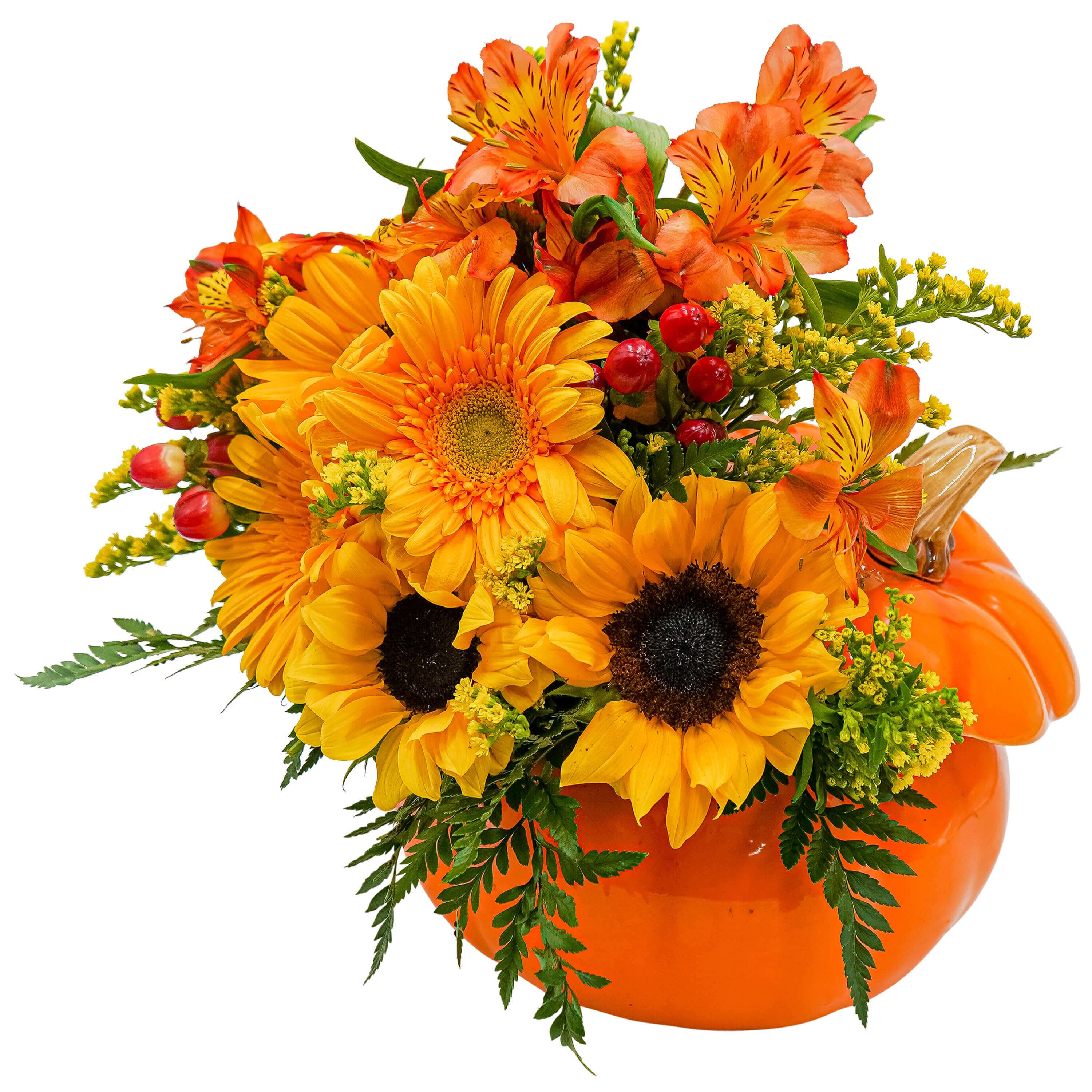 Pumpkin Daze - Ripe for the picking. Pumpkin Daze is full of whimsy. Our orange pumpkin is filled with vibrant orange and yellow flowers like sunflowers and daisies.