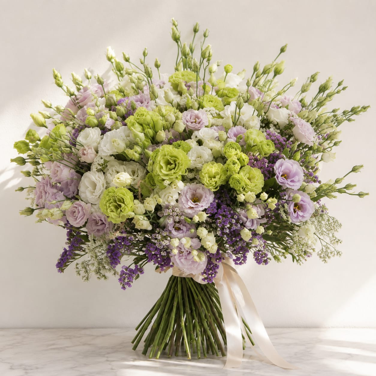 Large bouquet of white, lavender, and green flowers tied with a ribbon