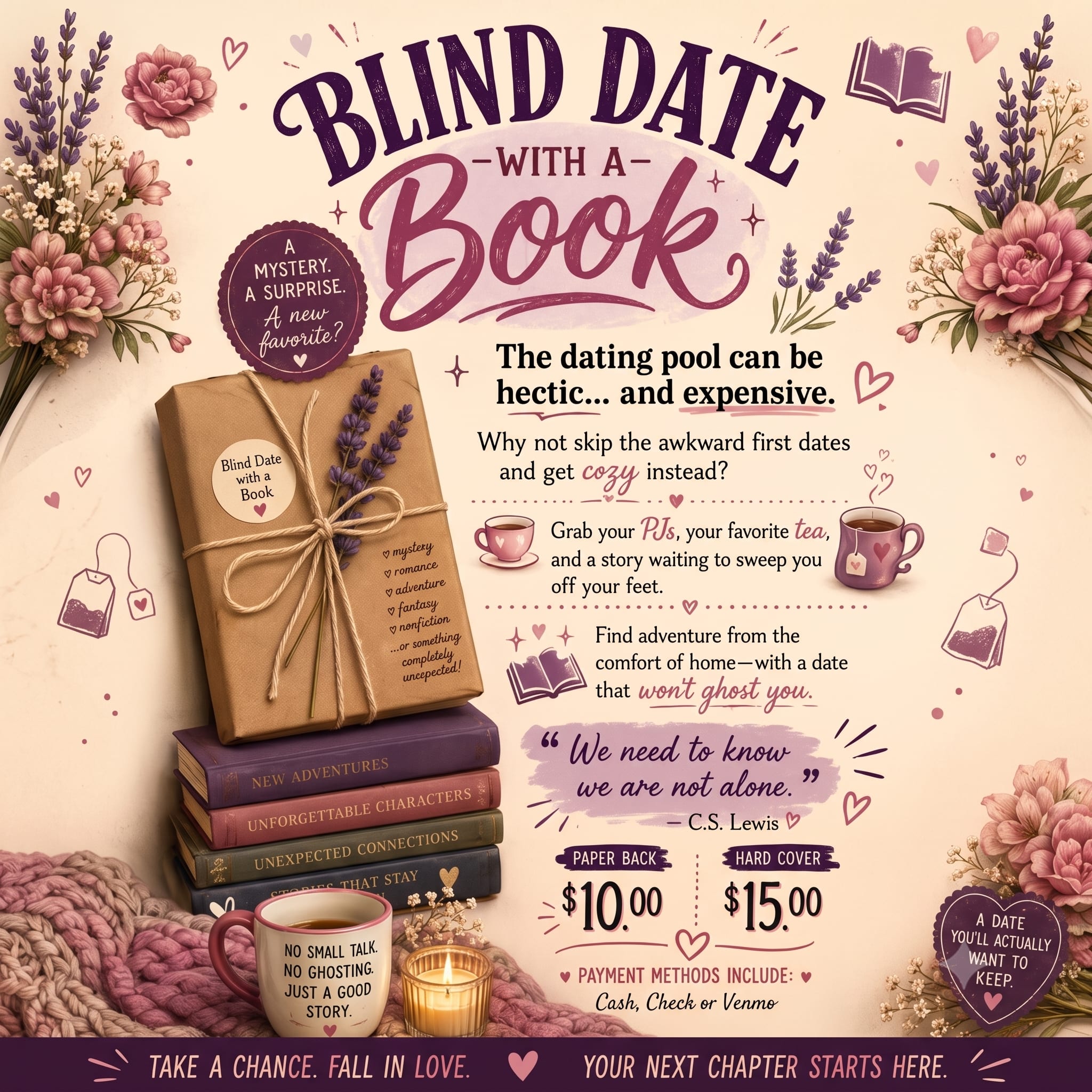 Promotional poster with flowers, books, a mug, and a candle for a blind date with a book.