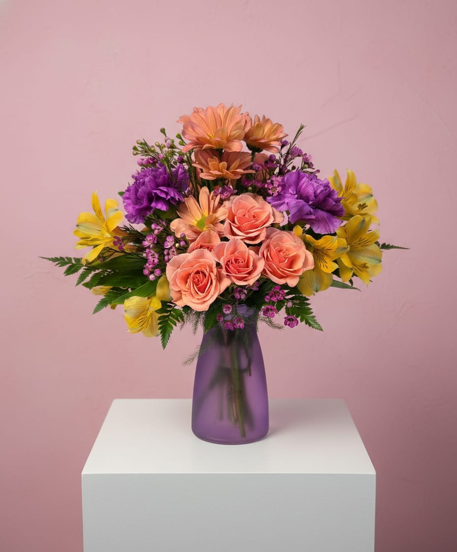 Peach, yellow, and purple mixed flower arrangement in a purple vase on a white pedestal