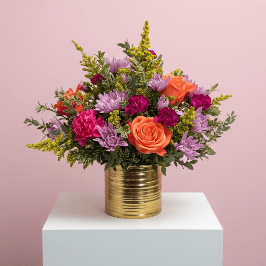 Bright &amp; Bold Blooms - This fun, colorful arrangement is packed with orange roses, pink carnations, and purple mums set in a shiny gold vase. It’s cheerful, eye-catching, and perfect for brightening someone’s day for any occasion.