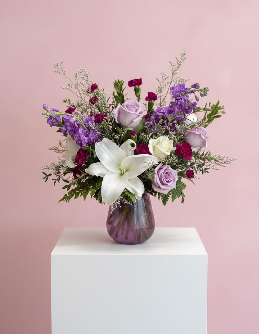 Lavender &amp; White Bouquet - A mix of lavender and white roses, white lilies, and purple blooms arranged with fresh greenery in a purple glass vase.