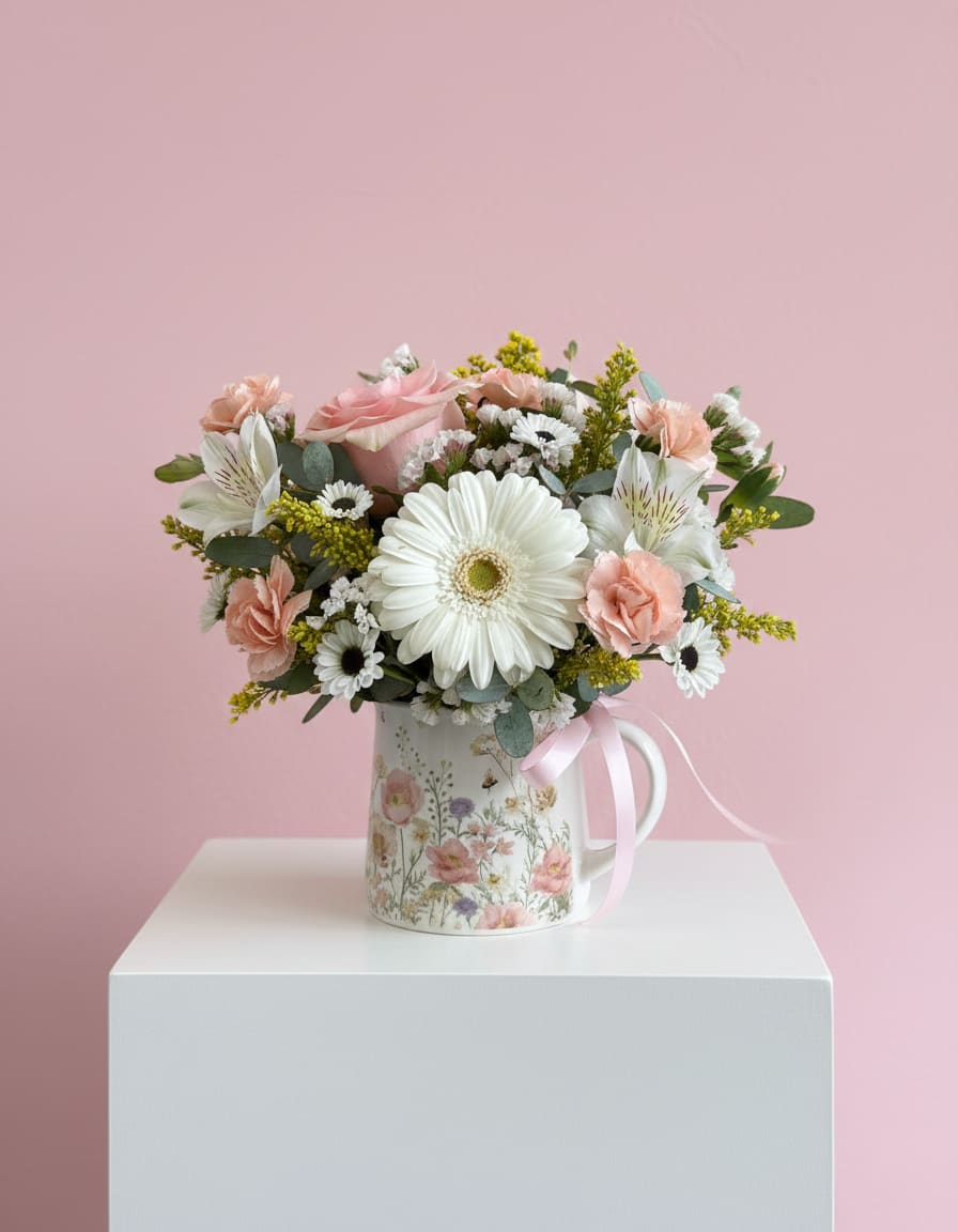 Sweet Meadow Mug - Soft pink and white blooms arranged in a keepsake floral mug. Ready to gift.