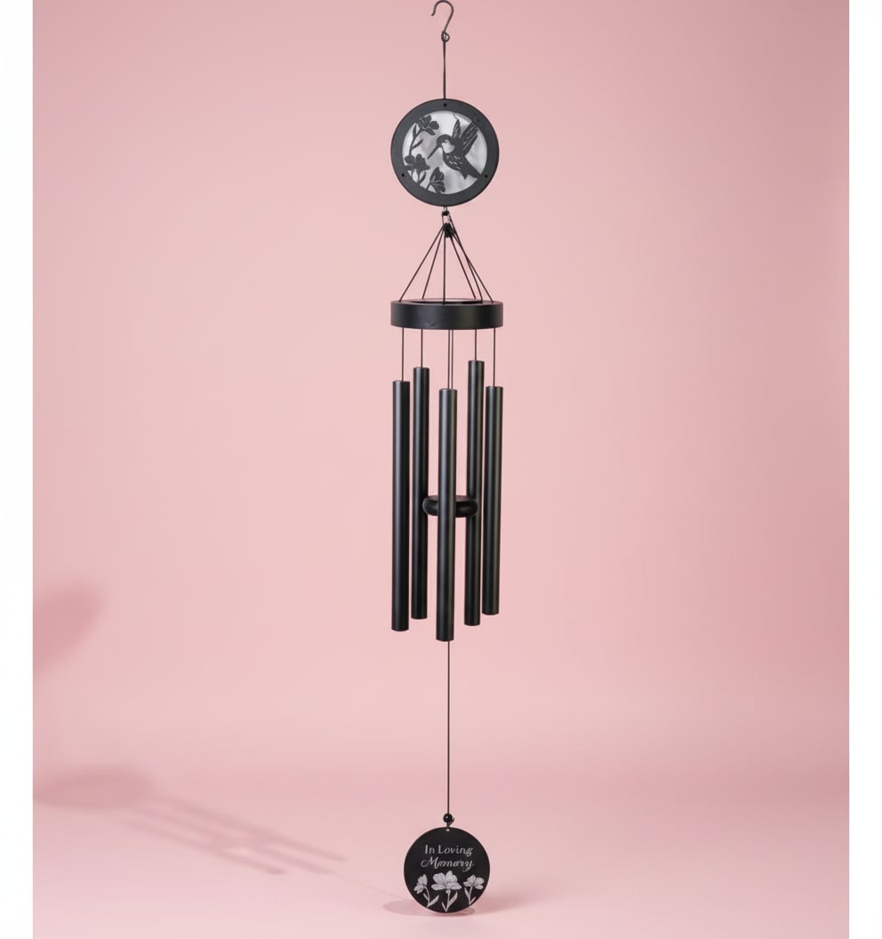 "In Loving Memory" 45" Solar Chime - A 5 center-pinned tubes that emit sweet and gentle tones. These chimes feature all aluminum construction with powder coat, an adjustable striker and an LED solar light that will remain on for 8 hours with a full daytime charge.