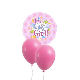 Pink baby girl balloon bouquet with two solid balloons and a printed foil balloon