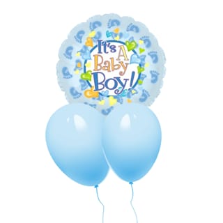 Blue baby boy balloon bouquet with two light blue balloons