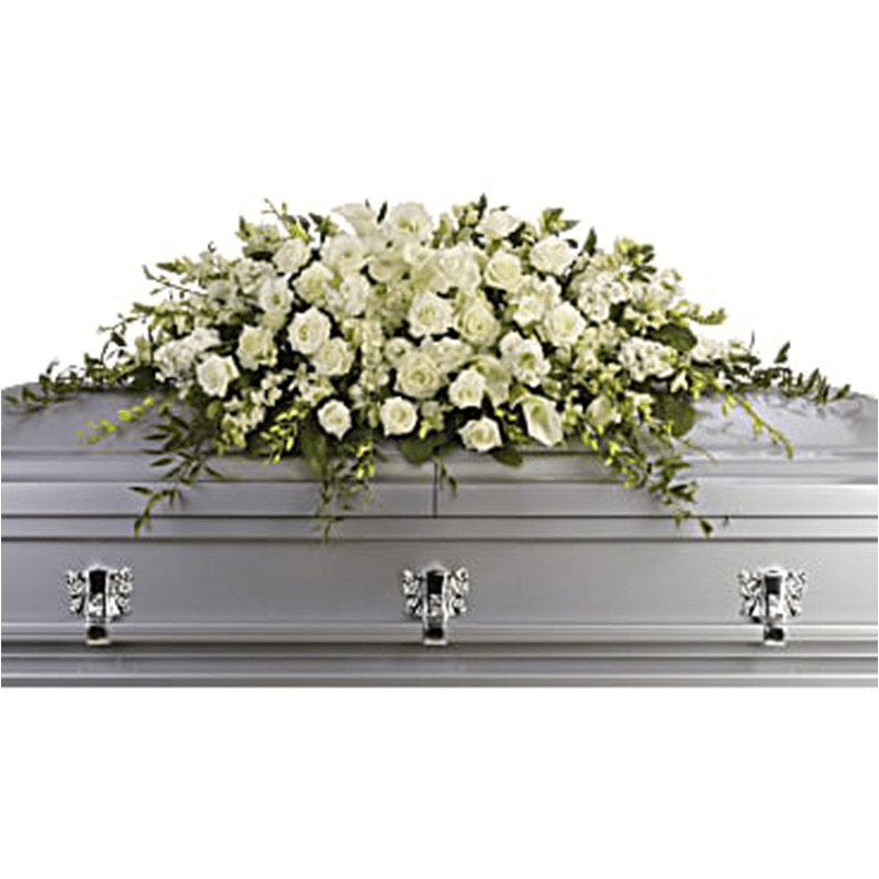 White floral casket spray on a gray casket