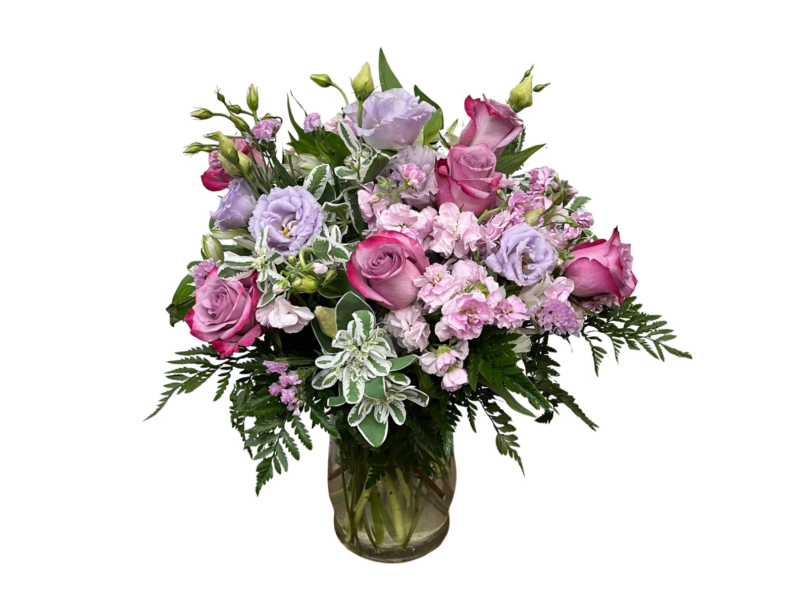 Pink and lavender bouquet in a glass vase