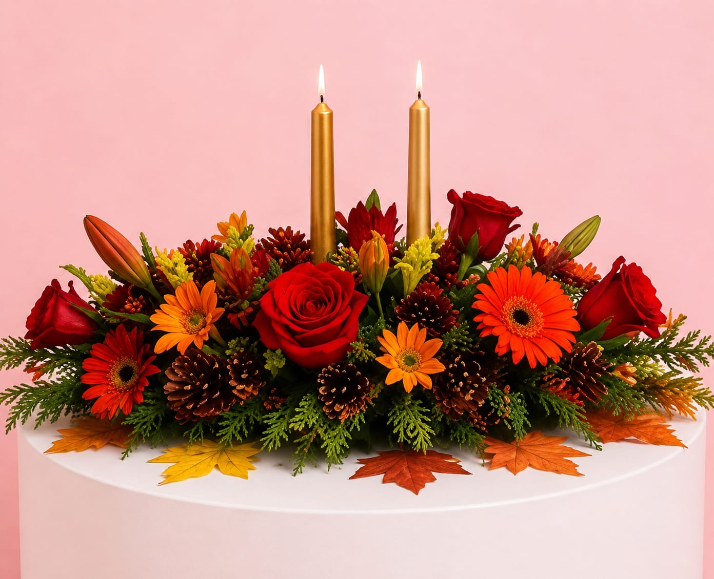Autumn floral centerpiece with red roses, orange daisies, and two gold candles