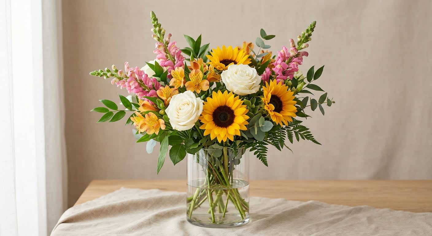 Bouquet of sunflowers, white roses, and pink snapdragons in a clear glass vase