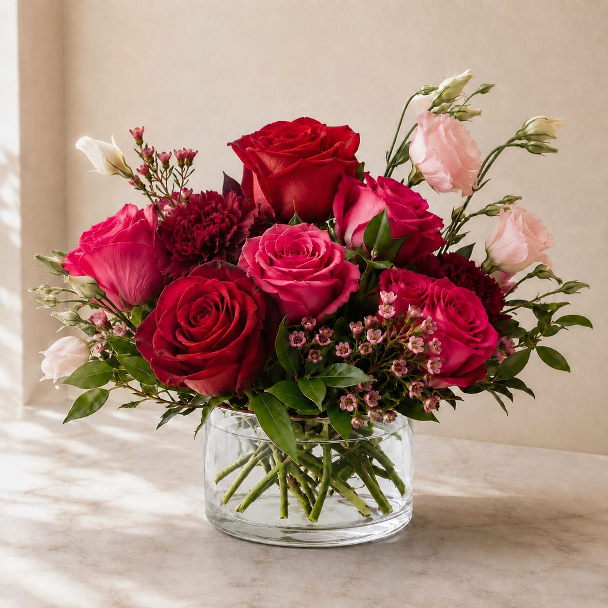 Red and pink roses arranged in a clear glass vase