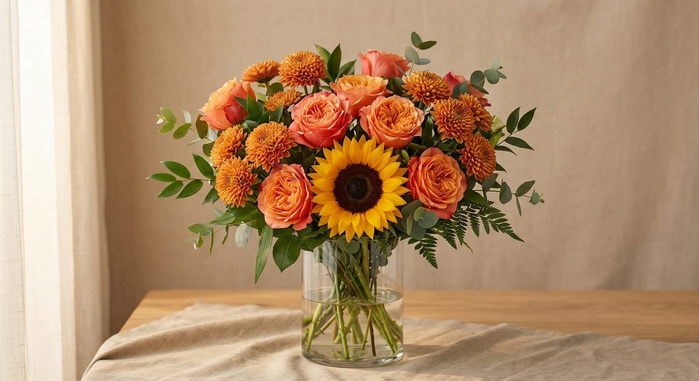 Bouquet of orange roses, chrysanthemums, and a sunflower in a glass vase